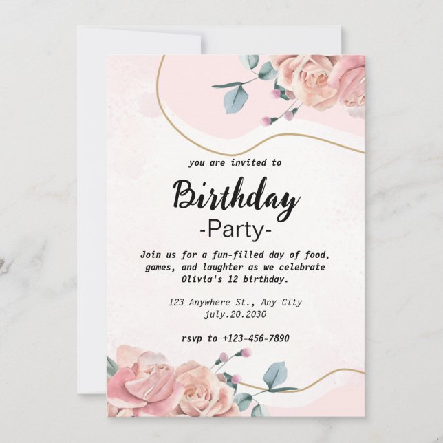 Élégante Rose Floral Girls Invitation Anniversaire (Devant)