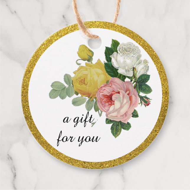 Elegante Rose Floral Gold Glitzer Geschenkanhänger (Vorderseite)