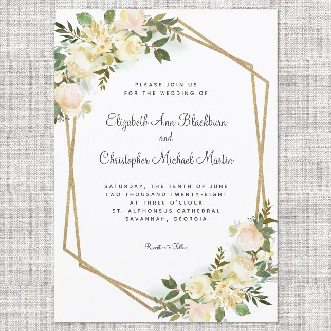 Elegante Rose Floral Wedding Gold Geometric White Einladung (Von Creator hochgeladen)