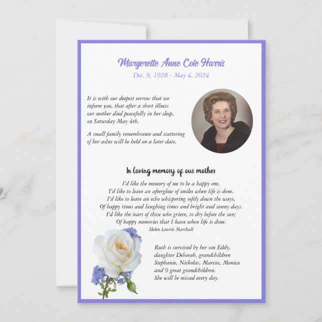 Elegante Rose Foto Frame Death Ankündigung (Vorderseite)