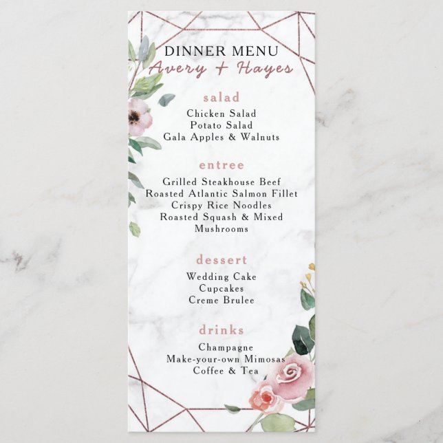 Elegante Rose Geometrische Hochzeit Menükarte (Vorderseite)