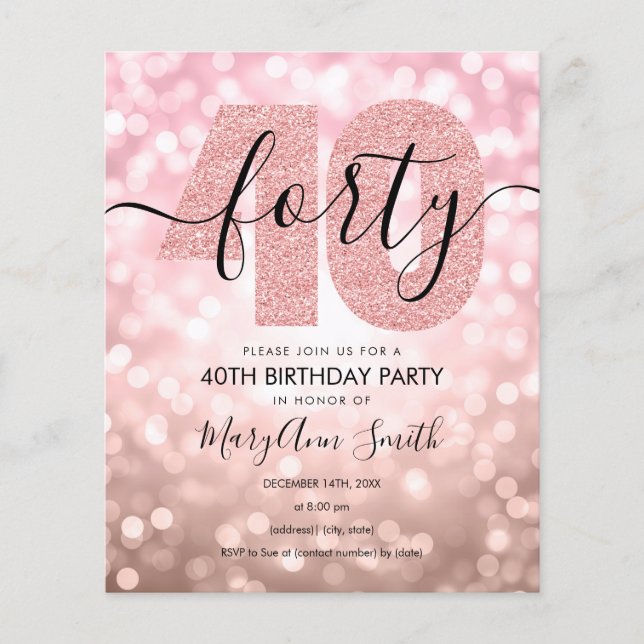 Elegante Rose Gold 40. Geburtstag Party Einladung Flyer (Vorne)