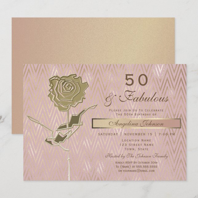 Elegante Rose Gold 50. Geburtstag Einladung (Vorne/Hinten)
