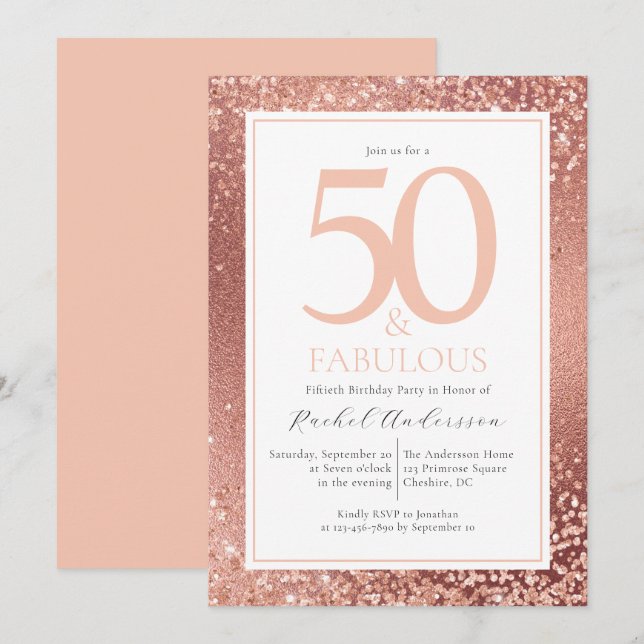 Elegante Rose Gold 50 und fabelhafte 50. Geburtsta Einladung (Vorne/Hinten)