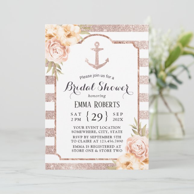 Elegante Rose Gold Anker Blumenstrauß Brautparty Einladung (Stehend Vorderseite)