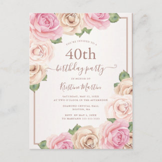 Elegante Rose Gold Aquarell Blütenfarben 40. Gebur Einladungspostkarte