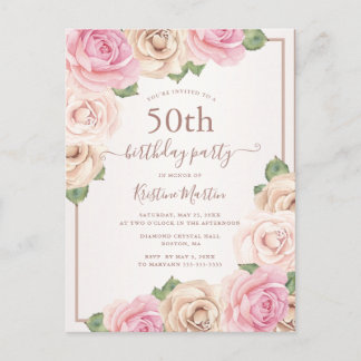 Elegante Rose Gold Aquarell Blütenfarben 50. Gebur Einladungspostkarte