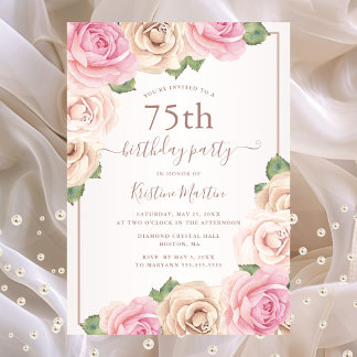 Elegante Rose Gold Aquarell Blütenfarben 75. Gebur Einladung