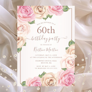 Elegante Rose Gold Aquarellblume 60. Geburtstag Einladung