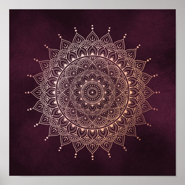 Elegante Rose Gold auf Burgund Flora Henna Mandala Poster (Vorne)