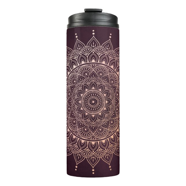 Elegante Rose Gold auf Burgund Flora Henna Mandala Thermosbecher (Vorderseite)