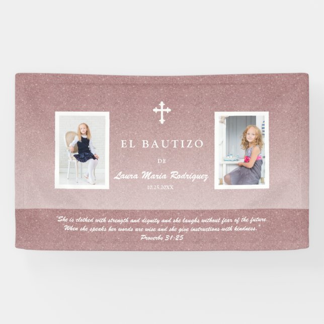 Elegante Rose Gold Bautizo Taufkirche Girl Foto Banner (Horizontal)