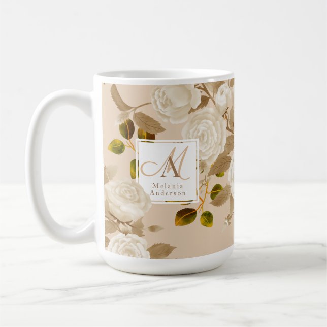 Elegante Rose Gold Beige Monogram Kaffeetasse (Links)