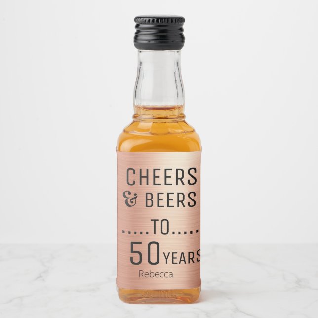 Elegante Rose Gold Black Cheers & Biere 50 Geburts Alkoholflaschenetikett (Vorderseite)