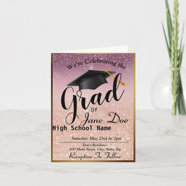 Elegante Rose Gold & Black Glitzer Abschluss Einladung (Vorderseite)