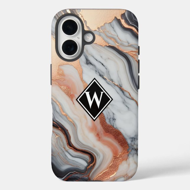 Elegante Rose Gold Black Marble Monogram iPhone 16 Hülle (Rückseite)