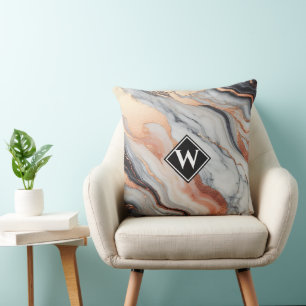 Elegante Rose Gold Black Marble Monogram Kissen