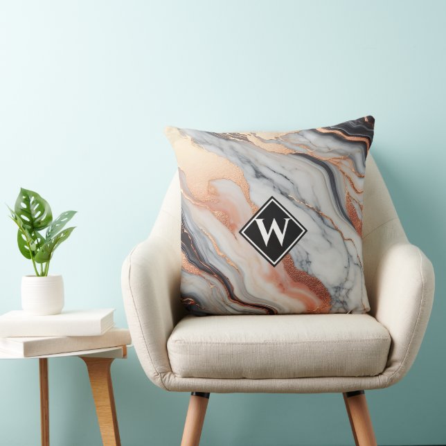 Elegante Rose Gold Black Marble Monogram Kissen (Stuhl )