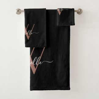 Elegante Rose Gold Black Monogram Name Script Badhandtuch Set