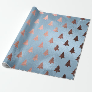 Elegante Rose Gold & Blau Weihnachtsbaummuster Geschenkpapier