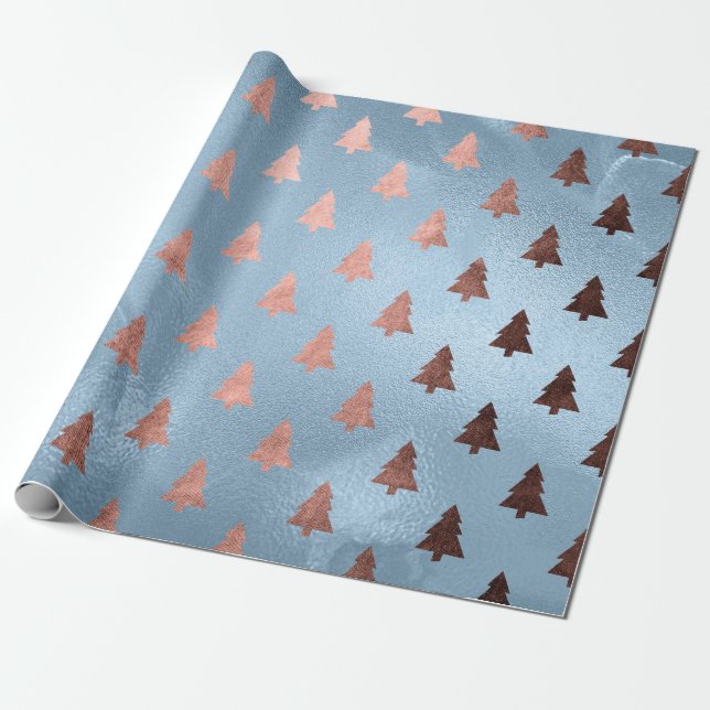 Elegante Rose Gold & Blau Weihnachtsbaummuster Geschenkpapier (Ungerollt)