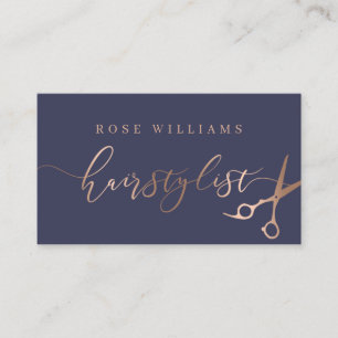 Elegante Rose Gold & Blue Schere Friseursalon Visitenkarte