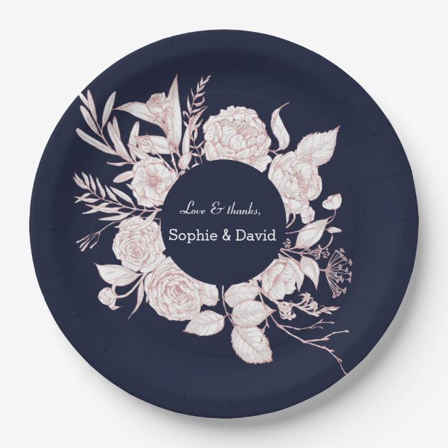 Elegante Rose Gold Blume Navy Blue Wedding Pappteller (Vorderseite)
