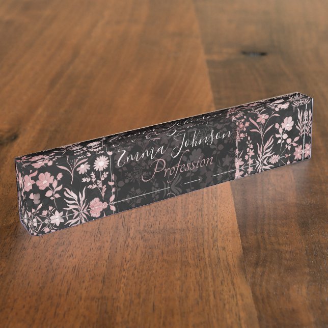 Elegante Rose Gold Blume Schwarz Botanisch Namensplakette (Seite)