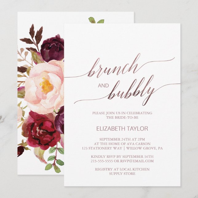 Elegante Rose Gold | Blumenbrunch & Bubbly Einladung (Vorne/Hinten)