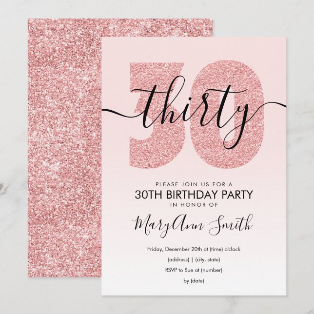 Elegante Rose Gold Blush Glitzer 30. Geburtstag Einladung (Vorne/Hinten)