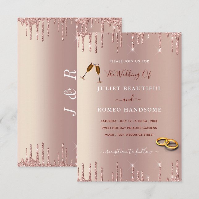 Elegante Rose Gold Blush Glitzer Einladung Hochzei (Vorne/Hinten)