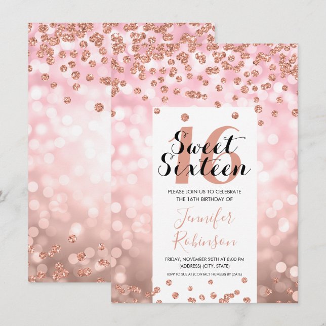 Elegante Rose Gold Blush Glitzer Sweet 16 Einladung (Vorne/Hinten)