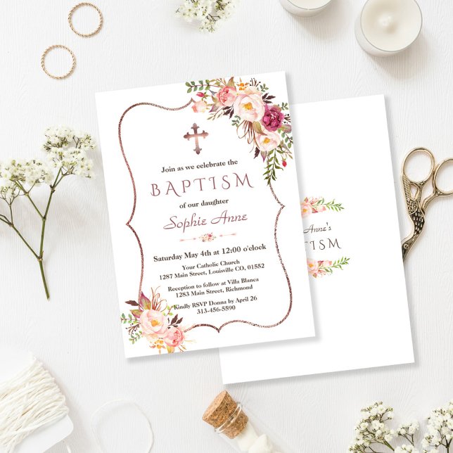 Elegante Rose Gold Blush Pink Blütenblütentaufe Einladung (rose gold pink floral baptism, trendy floral gold baptism invitation, elegant pink flowers  baptism)