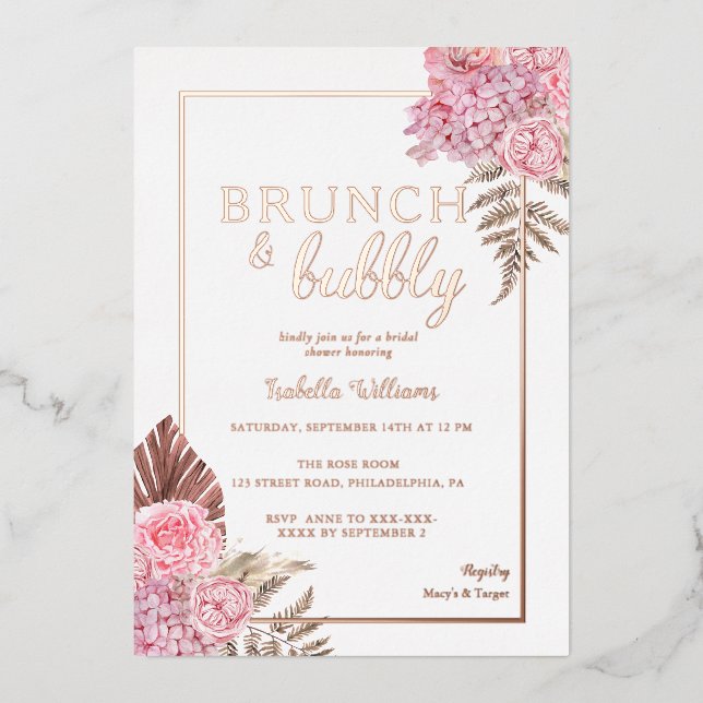 Elegante Rose Gold Boho Brautparty Folieneinladung (Vorderseite)