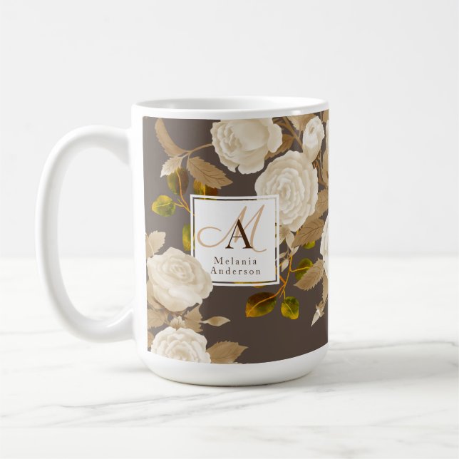 Elegante Rose Gold Brown Monogram Kaffeetasse (Links)