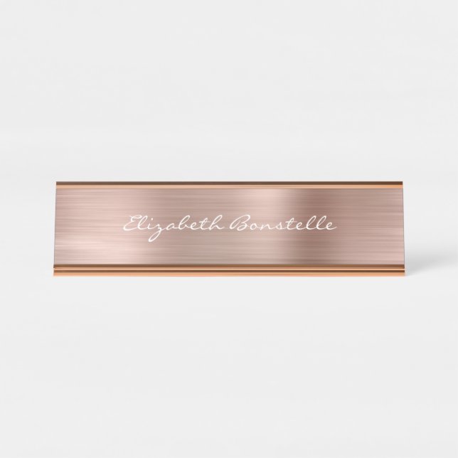 Elegante Rose Gold Brushed Metal Handwriting Schreibtischnamensplakette (Vorderseite )