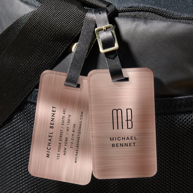 Elegante Rose Gold Brushed Metal Mit Monogramm Gepäckanhänger (Elegant Rose Gold Brushed Metal Monogrammed Luggage Tag)