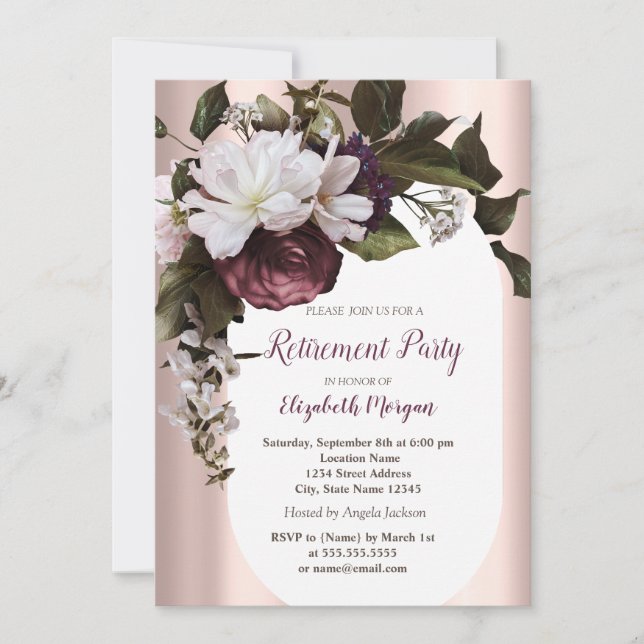 Elegante Rose Gold Burgund Blume Rente Einladung (Vorderseite)
