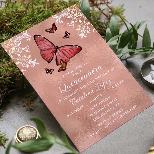 Elegante Rose Gold Butterfly Flora Quinceñera Einladung (Von Creator hochgeladen)