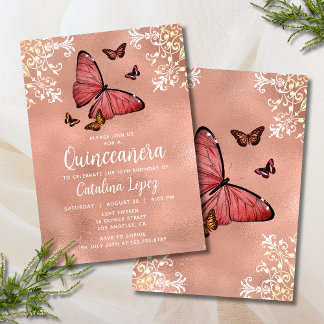 Elegante Rose Gold Butterfly Flora Quinceñera Einladung