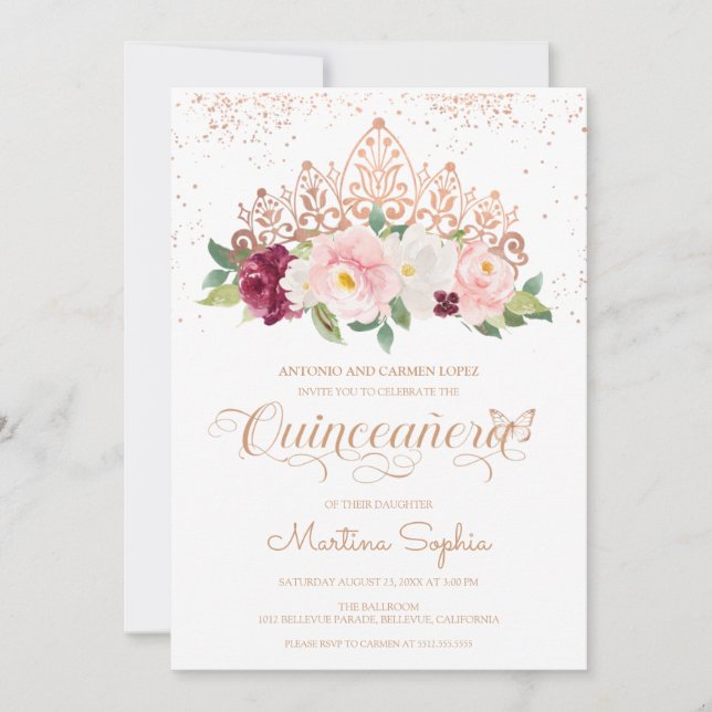 Elegante Rose Gold Butterfly & Tiara Quinceanera Einladung (Vorderseite)