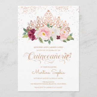 Elegante Rose Gold Butterfly & Tiara Quinceanera Einladung