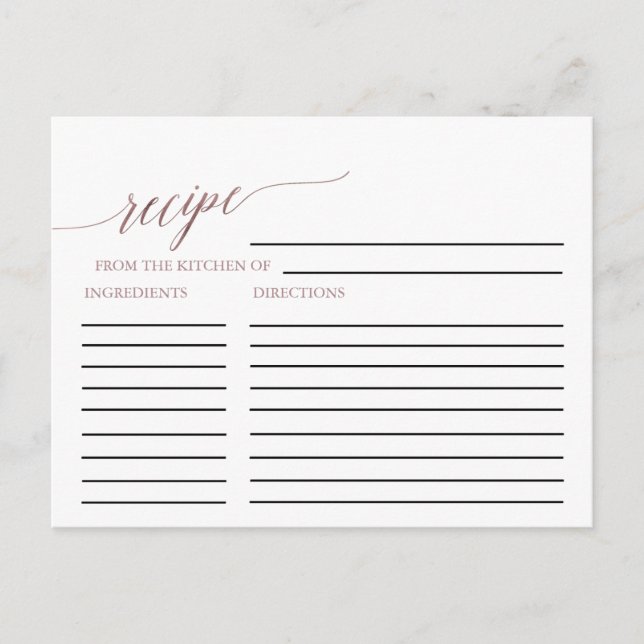 Elegante Rose Gold Calligrafy Bridal Rezept Karten (Vorderseite)