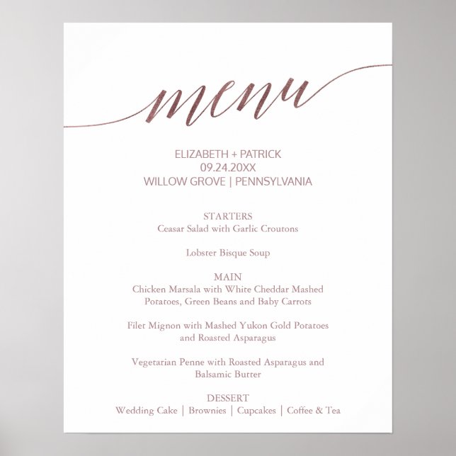 Elegante Rose Gold Calligrafy Wedding Menu Sign Poster (Vorne)