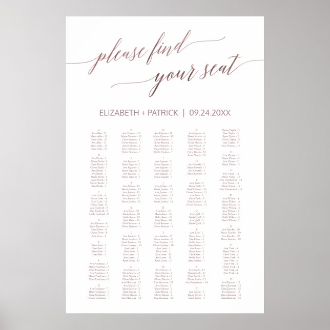 Elegante Rose Gold Calligraphie 200+ Seating Chart Poster (Vorne)