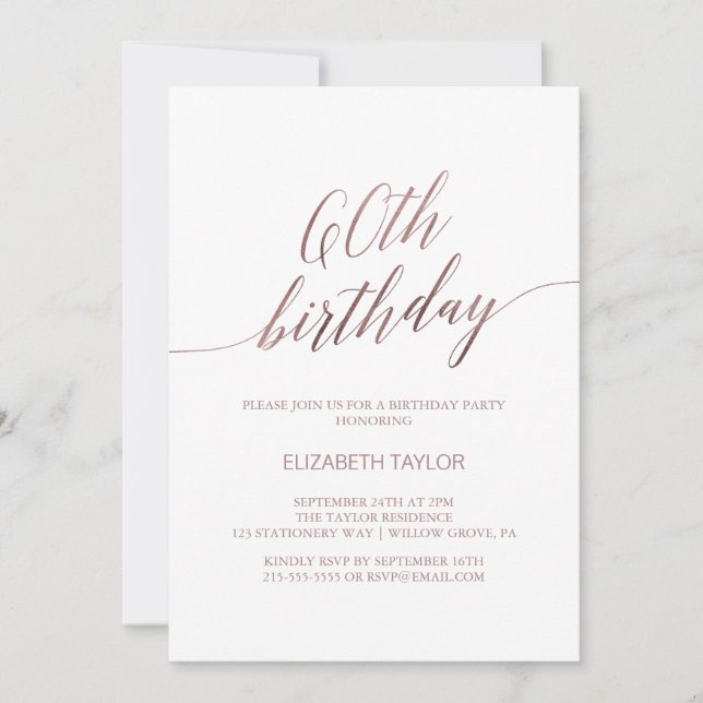 Elegante Rose Gold Calligraphie 60. Geburtstag Einladung (Vorderseite)