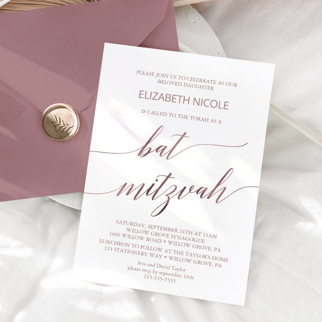 Elegante Rose Gold Calligraphy Bat Mitzvah Einladung (Von Creator hochgeladen)