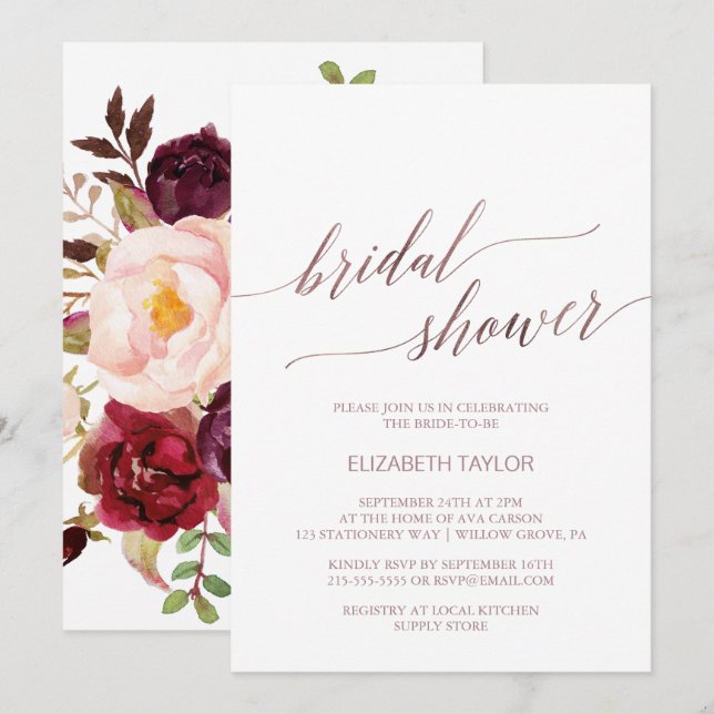 Elegante Rose Gold Calligraphy Brautparty Einladung (Vorne/Hinten)
