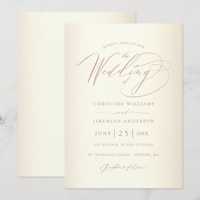 Elegante Rose Gold Calligraphy Champagne Wedding Einladung (Vorne/Hinten)