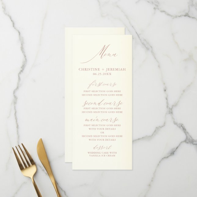 Elegante Rose Gold Calligraphy Champagne Wedding Menükarte (Vorderseite/Rückseite Beispiel)